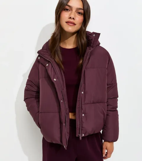 Women's Petite Dark Burgundy Cropped Puffer Jacket