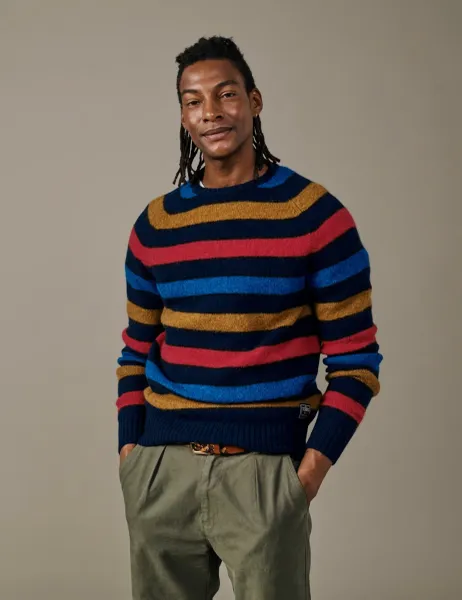 Aubin Striped Crew Neck Jumper with Wool Navy Mix