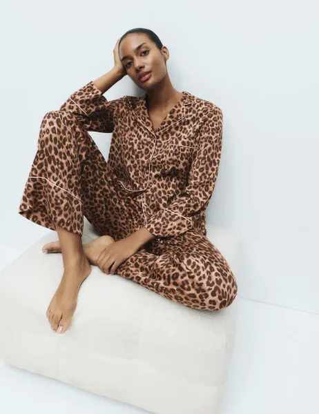 Marks & Spencer Dream Satin Animal Print Revere Pyjama Set Brown Mix