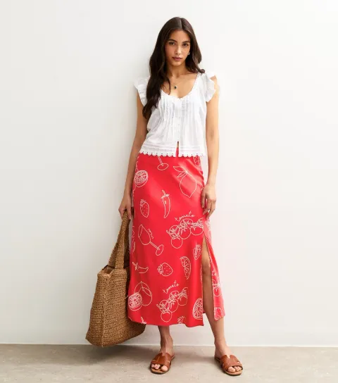 New Look Women's Red Fruit and Vegetable Print Bias Cut Midi Skirt