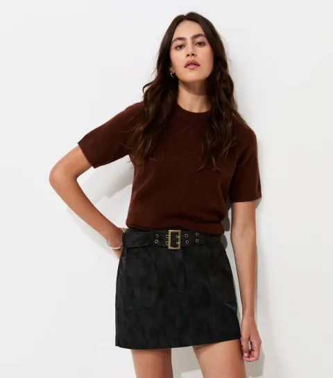 Women's Black Faux Leather Belted A-Line Mini Skirt