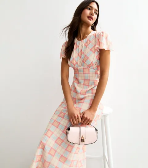 Women's Pink Check Print Chiffon Midi Dress