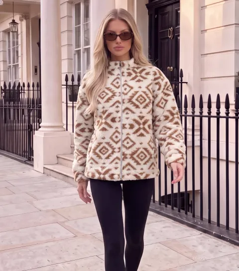 AX Paris Women's Camel Aztec Pattern Sherpa Fleece Zip Up Jacket
