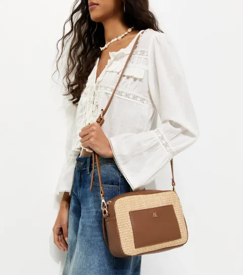 Stone Woven Patch Pocket Crossbody Bag