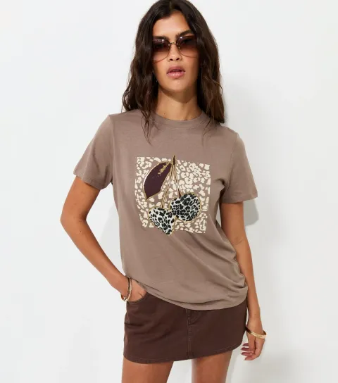 New Look Women's Light Brown Cotton Foil Cherry Relaxed T-Shirt