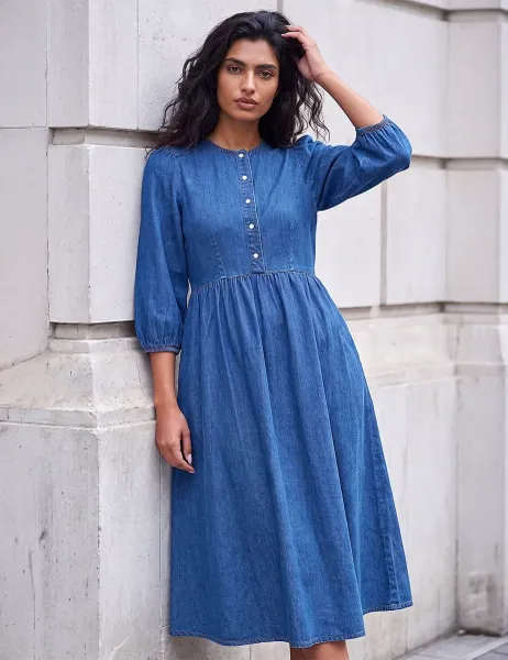 Roman Denim Scoop Neck Button Detail Midi Dress Denim