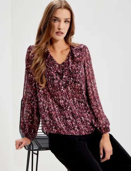 Finery London Printed Satin Chiffon Ruffle Blouse Burgundy Mix