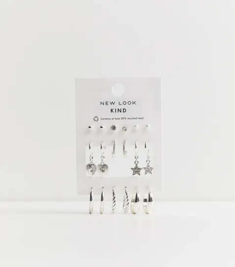 Pack of 9 Silver Tone Stud and Hoop Earrings