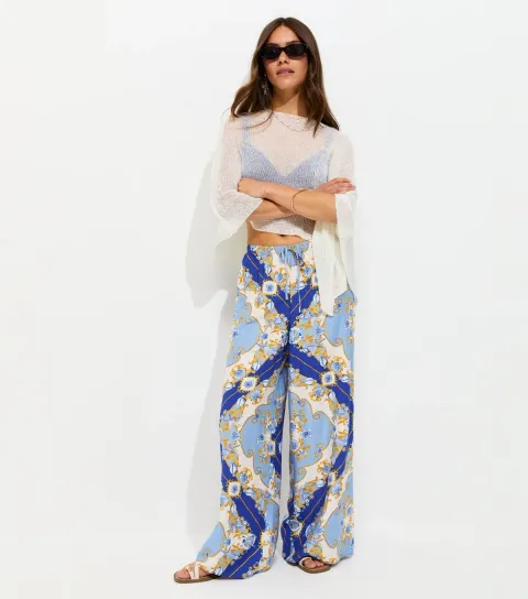 Women's Petite Blue Shell Print Wide Leg Beach Trousers
