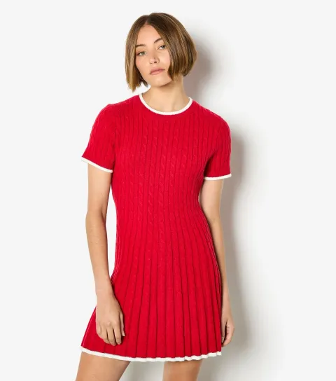 Women's Bright Red Cable Knit Contrast Trim Mini Dress
