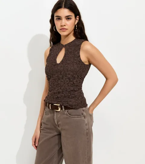 Women's Dark Brown Jersey Lace Keyhole Top