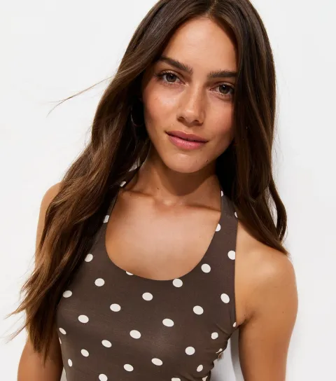 Women's Petite Brown Jersey Halter Neck Spot Print Cropped Top