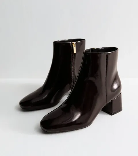 Women's Wide Fit Dark Burgundy Faux Patent Leather Block Heel Boots Vegan
