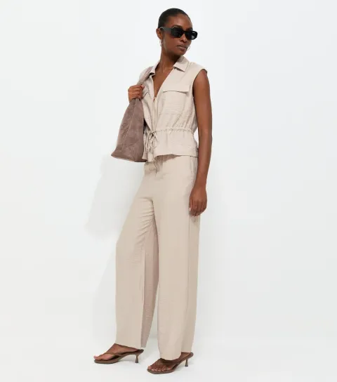 Women's Stone Woven Drawstring Wide Leg Trousers