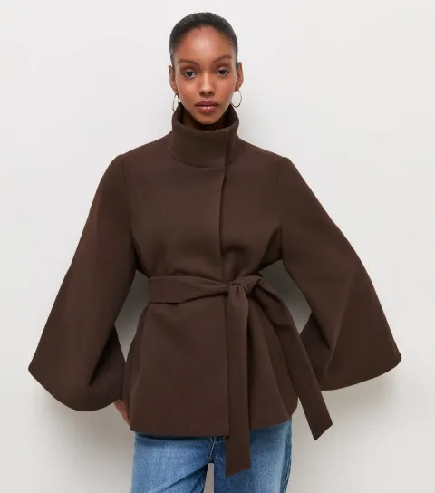 Women's Dark Brown Wide Sleeve Belted Cape Jacket