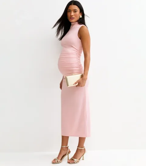 Women's Maternity Pale Pink High Neck Midi Dress
