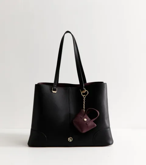 Black Faux Leather Triple Compartment Tote Bag Vegan