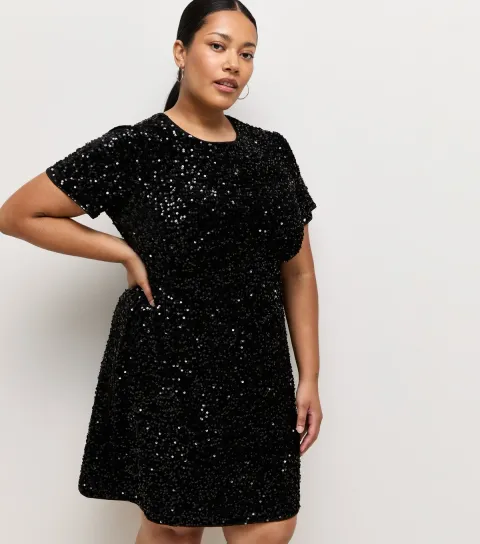 New Look Women's Plus Size Black Sequin Embellished Mini Dress Curves