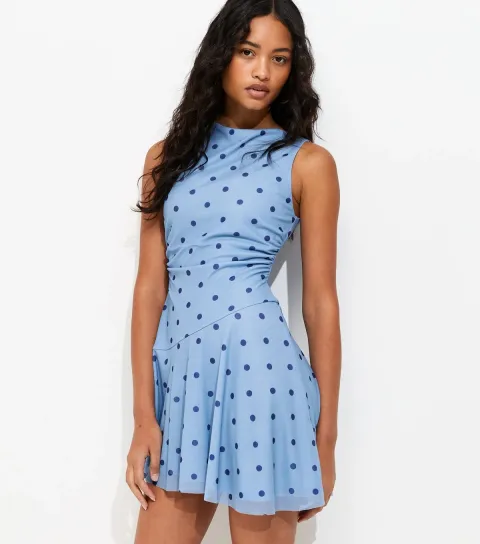 Women's Blue Mesh Polka Dot Skater Mini Dress