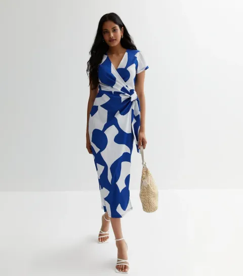 Women's Blue Abstract Wrap Midi Dress