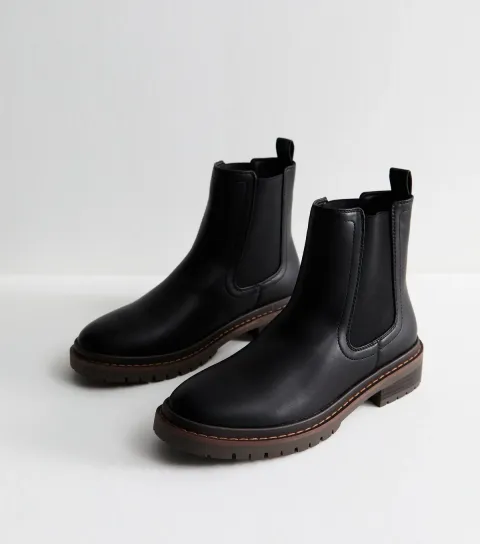 Women's Black Faux Leather Chunky Chelsea Boots Vegan