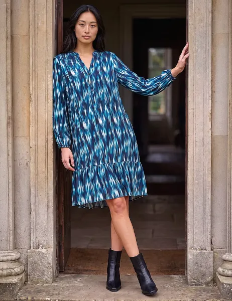 Roman Petite Ikat Print Tiered Dress Teal Mix