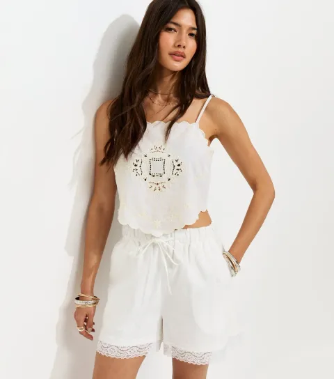 Women's Off White Cotton Embroidered Handkerchief Hem Cami Top