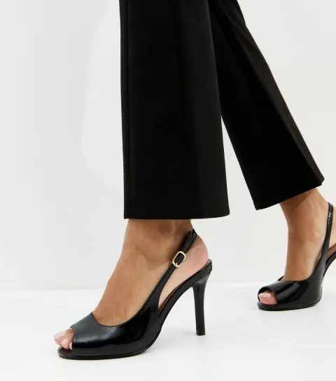 Women's Black Faux Leather Patent Peep Toe Slingback Court Shoes Vegan
