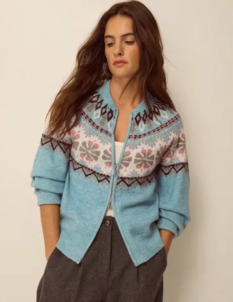 Monsoon Patterned Crew Neck Cardigan Blue Mix