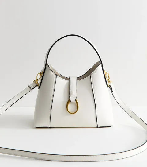 Cream Faux Leather Oval Ring Bucket Crossbody Bag Vegan