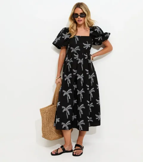 Women's Petite Black Embroidered Palm Tree Puff Sleeve Midi Dress