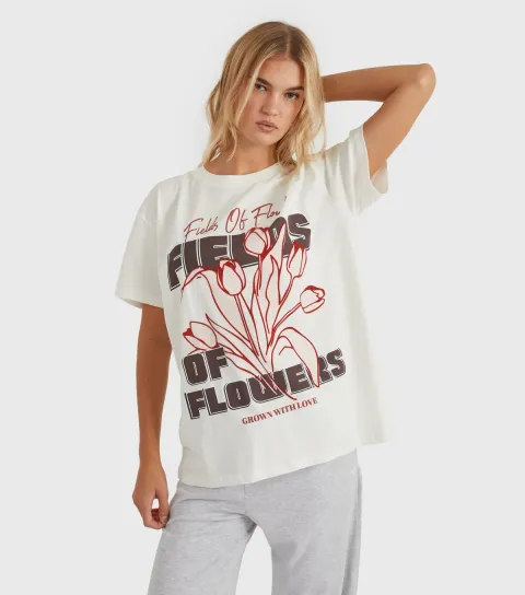 Women's White Fields Of Flower Printed T-Shirt