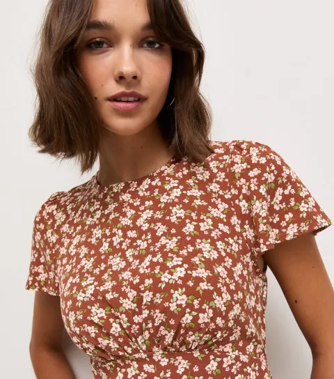 Women's Orange Ditsy Print Gathered Bust Short Sleeve Blouse