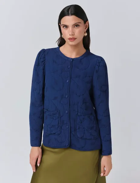 Crepe Quilted Collarless Jacket Navy