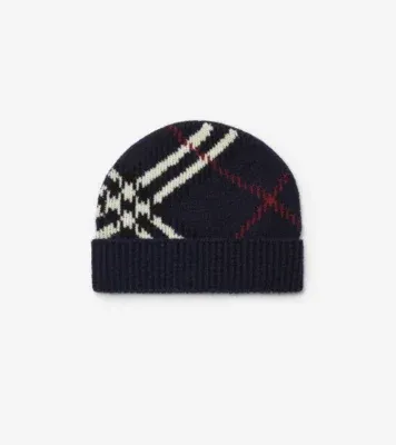 Check Cashmere Blend Beanie in Ink blue