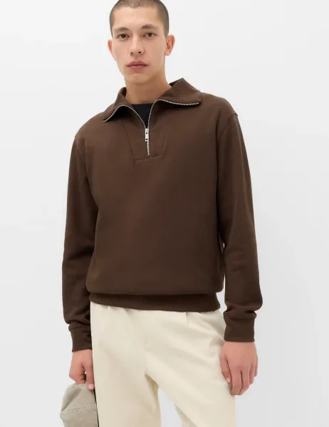 Marks & Spencer Cotton Rich Textured Half Zip Jumper Chocolate