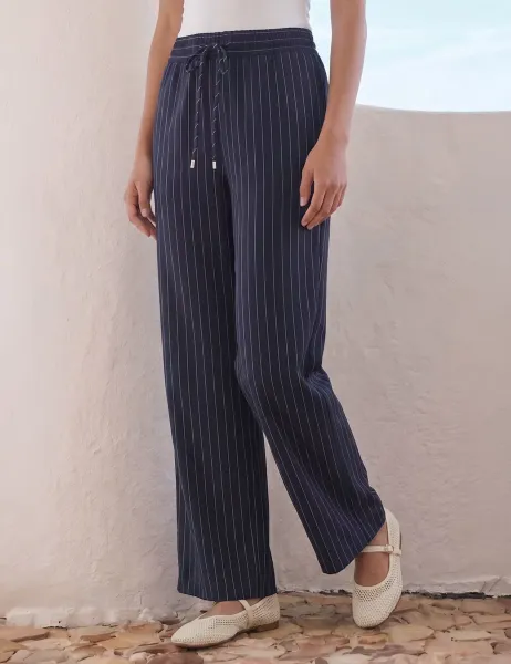 Roman Petite Ponte Striped Drawstring Wide Leg Trousers Navy Mix