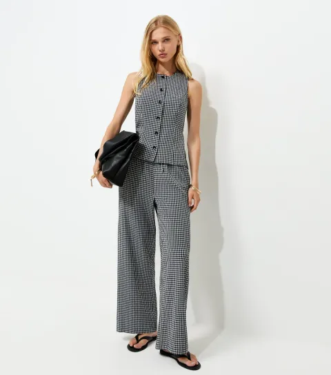 Women's Black Gingham Print Wide Leg Drawstring Trousers