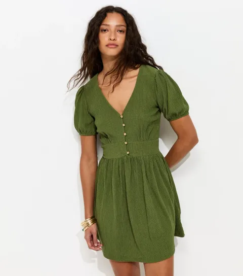 Women's Green Crinkle Texture V-Neck Button Front Mini Dress