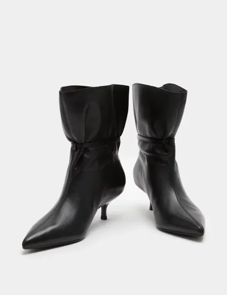 Marks & Spencer Leather Buckle Ruched Kitten Heel Boots Black