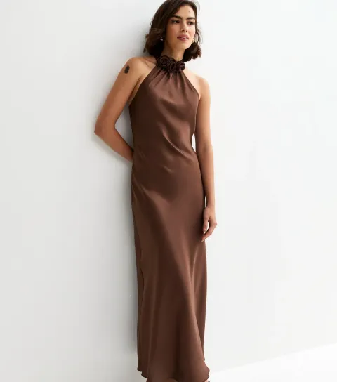 Women's Brown Satin Floral Applique Halterneck Midi Dress