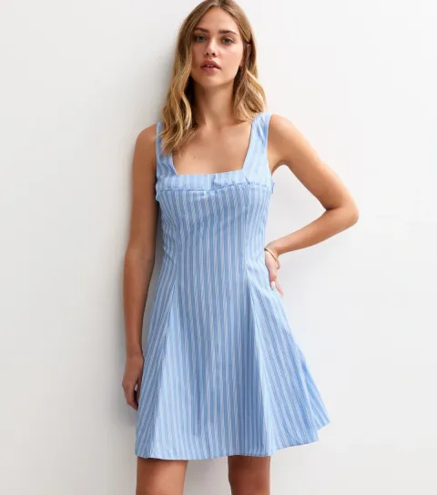Women's Blue Striped Poplin A-Line Mini Dress