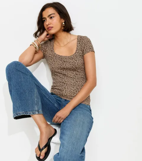 Women's Brown Leopard Print Square Neck T-Shirt