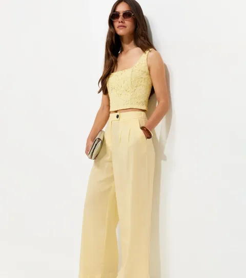 Women's Petite Light Yellow Linen Rich Tailored Trousers