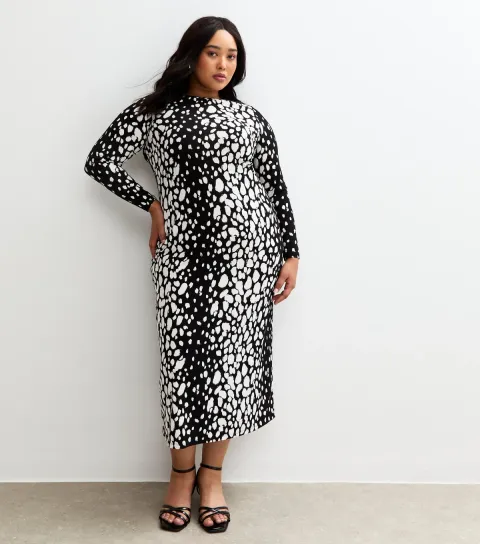 Women's Plus Size Black Abstract Print Jersey Midi Dress Curves