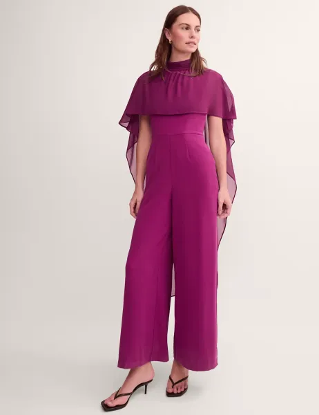 Monsoon High Neck Cape Detail Waisted Jumpsuit Purple