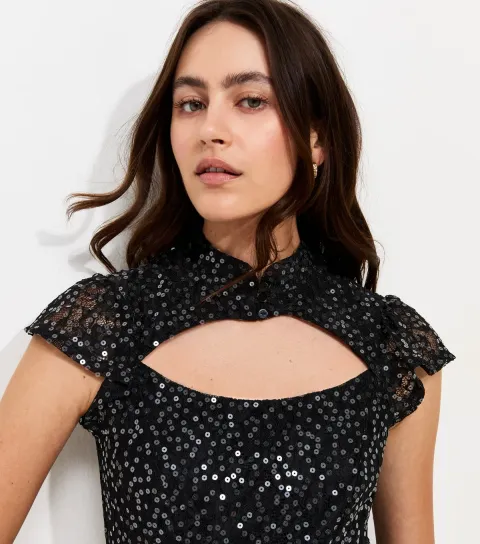 Women's Black Sequin Embellished Keyhole Mini Dress