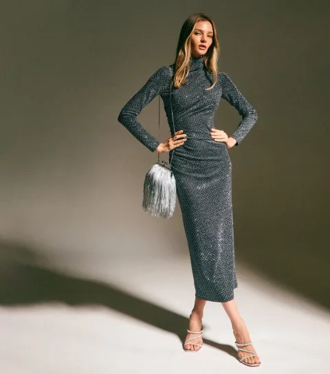New Look Women's Grey Sparkle High Neck Long Sleeve Midi Dress