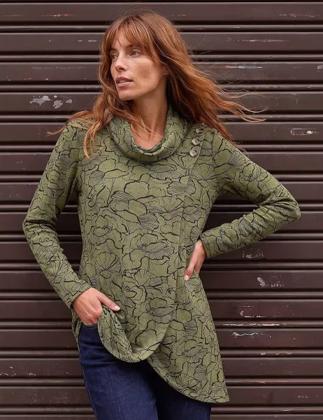 Roman Floral Print Cowl Neck Tunic Top Khaki Mix