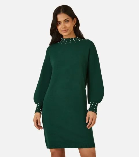 Women's Green Faux Pearl Necklace Knit Dress